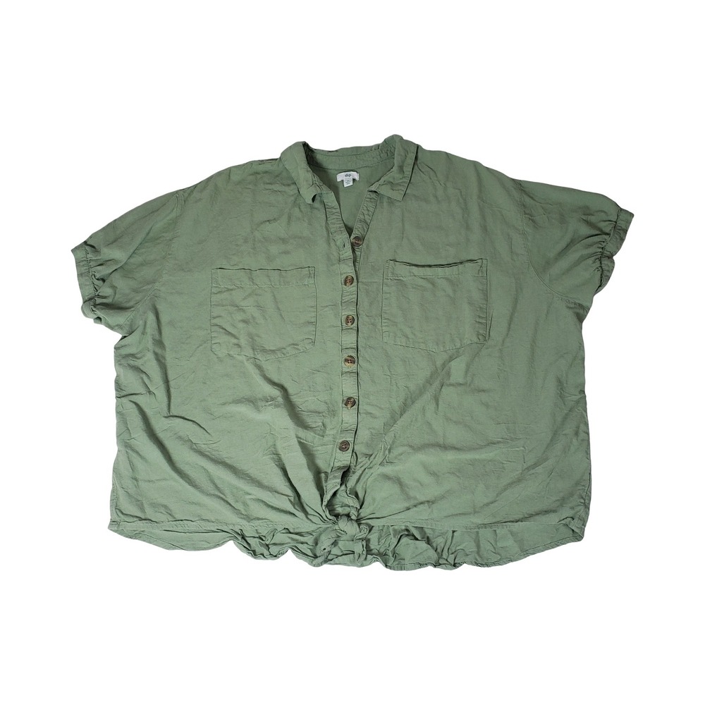 Dip Womens 3X Sage Green Short Sleeve Tie Front Button Down Utility Shirt
